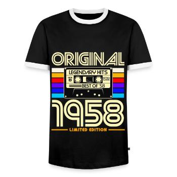 Original 1958 Vintage Cassette Tee - Men's Ringer Shirt - black/white - Front - AI Model Female 172 light (172cm) & AI Model Male 178 light (178cm)
