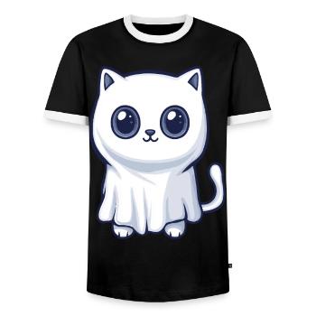 Chat Halloween Bande Dessinée Fantôme - T-shirt contrasté Homme - noir/blanc - Devant - AI Model Female 172 light (172cm) & AI Model Male 178 light (178cm)