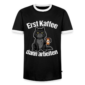Erst Kaffee dann arbeiten - Männer Kontrast-T-Shirt - Schwarz/Weiß - Vorne - AI Model Female 172 light (172cm) & AI Model Male 178 light (178cm)