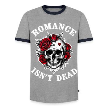 ROMANCE IS NOT DEAD - Men's Ringer Shirt - grey/navy  - Front - AI Model Female 172 light (172cm) & AI Model Male 178 light (178cm)