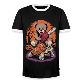 Halloween Teddy Bear Turtle Chainsaw - Men's Ringer Shirt - black/white - Front - AI Model Female 172 light (172cm) & AI Model Male 178 light (178cm)