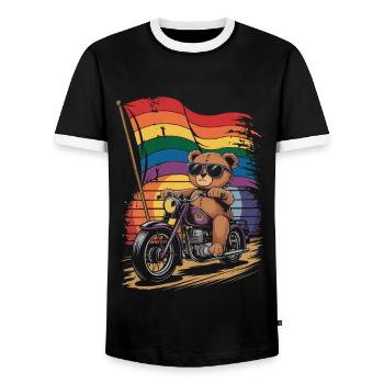 Teddy Bear Rides Moto LGBTQ Bannière Arc-en-ciel - T-shirt contrasté Homme - noir/blanc - Devant - AI Model Female 172 light (172cm) & AI Model Male 178 light (178cm)