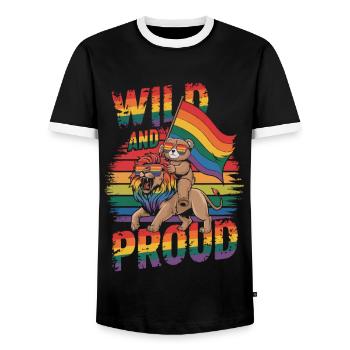 Teddy Bear Rides Lion LGBTQ Rainbow Flag - Men's Ringer Shirt - black/white - Front - AI Model Female 172 light (172cm) & AI Model Male 178 light (178cm)