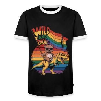 Teddy Bear Rides Dinosaur LGBTQ Rainbow Banner - Men's Ringer Shirt - black/white - Front - AI Model Female 172 light (172cm) & AI Model Male 178 light (178cm)