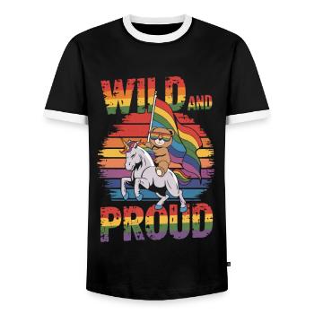 Teddy Bear Rides Unicorn LGBTQ Rainbow Flag - Men's Ringer Shirt - black/white - Front - AI Model Female 172 light (172cm) & AI Model Male 178 light (178cm)