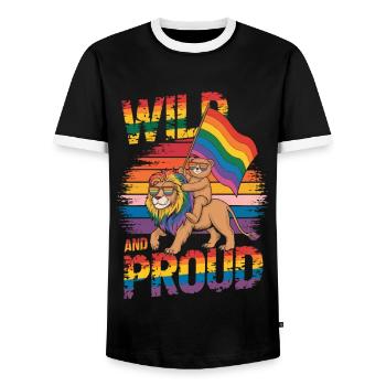 Teddy Bear Rides Lion LGBTQ Rainbow Flag - Men's Ringer Shirt - black/white - Front - AI Model Female 172 light (172cm) & AI Model Male 178 light (178cm)