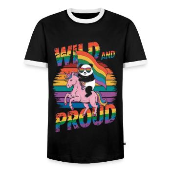 Panda reitet Einhorn LGBTQ Regenbogen Fahne - Männer Kontrast-T-Shirt - Schwarz/Weiß - Vorne - AI Model Female 172 light (172cm) & AI Model Male 178 light (178cm)