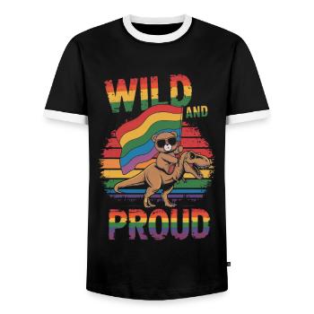 Teddy Bear Rides Dinosaur LGBTQ Rainbow Banner - Men's Ringer Shirt - black/white - Front - AI Model Female 172 light (172cm) & AI Model Male 178 light (178cm)