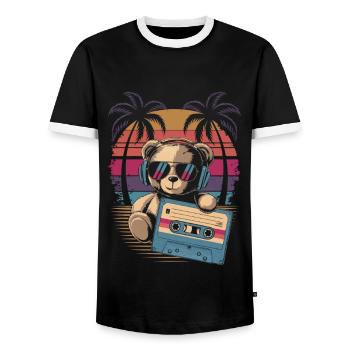 Teddy bear with sunglasses and music cassette - Men's Ringer Shirt - black/white - Front - AI Model Female 172 light (172cm) & AI Model Male 178 light (178cm)