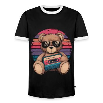 Teddy bear with sunglasses and music cassette - Men's Ringer Shirt - black/white - Front - AI Model Female 172 light (172cm) & AI Model Male 178 light (178cm)