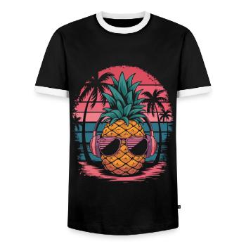 Pineapple with sunglasses and headphones palm trees - Men's Ringer Shirt - black/white - Front - AI Model Female 172 light (172cm) & AI Model Male 178 light (178cm)