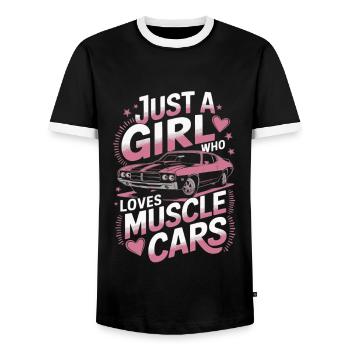 American Mucle Car Racing Car - Men's Ringer Shirt - black/white - Front - AI Model Female 172 light (172cm) & AI Model Male 178 light (178cm)