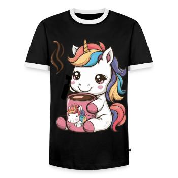 Kawaii unicorn drinking cocoa - Men's Ringer Shirt - black/white - Front - AI Model Female 172 light (172cm) & AI Model Male 178 light (178cm)