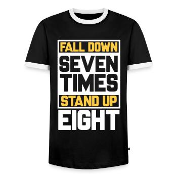 Falling down seven times, getting up eight times. Motivation - Men's Ringer Shirt - black/white - Front - AI Model Female 172 light (172cm) & AI Model Male 178 light (178cm)
