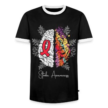 Brain & Red Ribbon: Stroke Awareness - Men's Ringer Shirt - black/white - Front - AI Model Female 172 light (172cm) & AI Model Male 178 light (178cm)