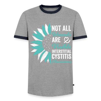 Interstitial Cystitis: Invisible Wounds - Men's Ringer Shirt - grey/navy  - Front - AI Model Female 172 light (172cm) & AI Model Male 178 light (178cm)