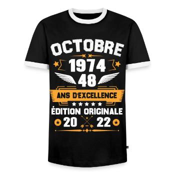 Octobre 1974 Idée Cadeau D'anniversaire 48 Ans - T-shirt contrasté Homme - noir/blanc - Devant - AI Model Female 172 light (172cm) & AI Model Male 178 light (178cm)