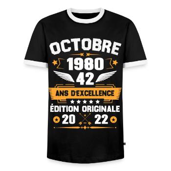 Octobre 1980 Idée Cadeau D'anniversaire 42 Ans - T-shirt contrasté Homme - noir/blanc - Devant - AI Model Female 172 light (172cm) & AI Model Male 178 light (178cm)
