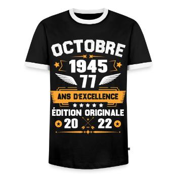 Octobre 1945 Idée Cadeau D'anniversaire 77 Ans - T-shirt contrasté Homme - noir/blanc - Devant - AI Model Female 172 light (172cm) & AI Model Male 178 light (178cm)