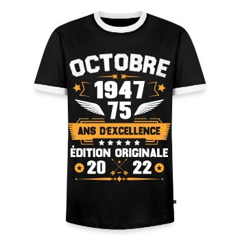 Octobre 1947 Idée Cadeau D'anniversaire 75 Ans - T-shirt contrasté Homme - noir/blanc - Devant - AI Model Female 172 light (172cm) & AI Model Male 178 light (178cm)