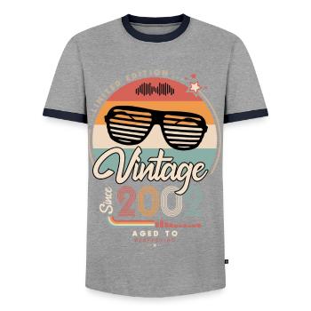 Vintage since 2002 - Men's Ringer Shirt - grey/navy  - Front - AI Model Female 172 light (172cm) & AI Model Male 178 light (178cm)
