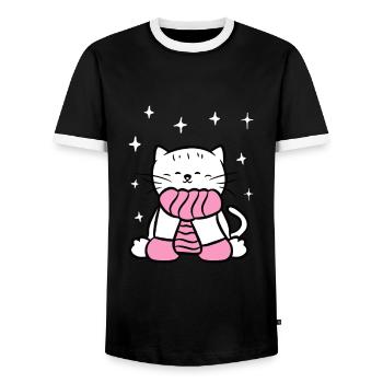Cute cat with scarf winter cat lovers - Men's Ringer Shirt - black/white - Front - AI Model Female 172 light (172cm) & AI Model Male 178 light (178cm)