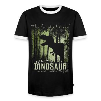 Je parle dinosaure et je sais des choses! Mème T-Rex - T-shirt contrasté Homme - noir/blanc - Devant - AI Model Female 172 light (172cm) & AI Model Male 178 light (178cm)