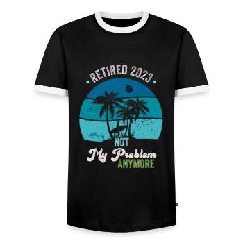 Retired 2023 Not My Problem Anymore - Vintage - Men's Ringer Shirt - black/white - Front - AI Model Female 172 light (172cm) & AI Model Male 178 light (178cm)