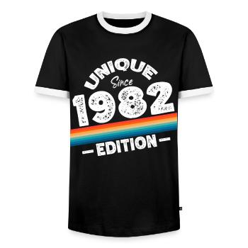 Unique Since 1982 Edition Birthday Vintage 1982 - Men's Ringer Shirt - black/white - Front - AI Model Female 172 light (172cm) & AI Model Male 178 light (178cm)