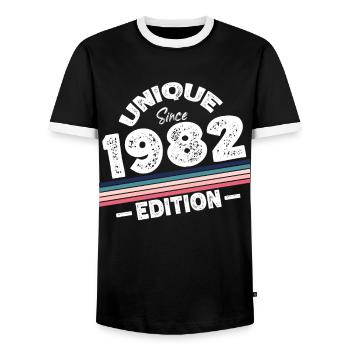 Unique Since 1982 Edition Birthday Vintage 1982 - Men's Ringer Shirt - black/white - Front - AI Model Female 172 light (172cm) & AI Model Male 178 light (178cm)
