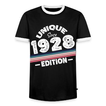 Unique Since 1928 Edition Birthday Vintage 1928 - Men's Ringer Shirt - black/white - Front - AI Model Female 172 light (172cm) & AI Model Male 178 light (178cm)