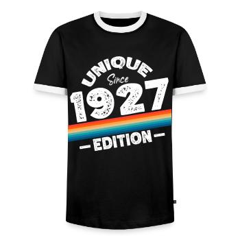 Unique Since 1927 Edition Birthday Vintage 1927 - Men's Ringer Shirt - black/white - Front - AI Model Female 172 light (172cm) & AI Model Male 178 light (178cm)