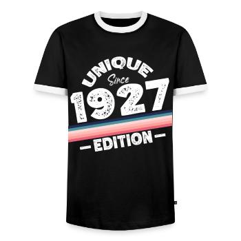 Unique Since 1927 Edition Birthday Vintage 1927 - Men's Ringer Shirt - black/white - Front - AI Model Female 172 light (172cm) & AI Model Male 178 light (178cm)