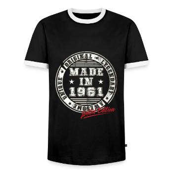 Retro Patch Vintage 1961 Birthday Gift - Men's Ringer Shirt - black/white - Front - AI Model Female 172 light (172cm) & AI Model Male 178 light (178cm)
