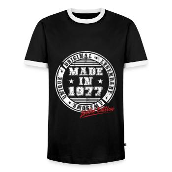 Retro Patch Vintage 1977 Birthday Gift - Men's Ringer Shirt - black/white - Front - AI Model Female 172 light (172cm) & AI Model Male 178 light (178cm)