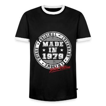Retro Patch Vintage 1979 Birthday Gift - Men's Ringer Shirt - black/white - Front - AI Model Female 172 light (172cm) & AI Model Male 178 light (178cm)