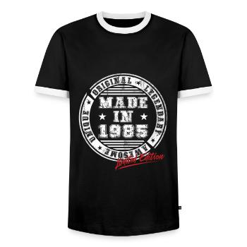 Retro Patch Vintage 1985 Birthday Gift - Men's Ringer Shirt - black/white - Front - AI Model Female 172 light (172cm) & AI Model Male 178 light (178cm)