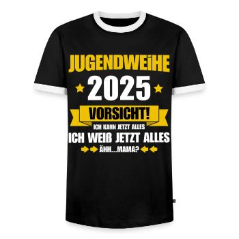 Jugendweihe 2025 Ich kann jetzt alles - Mama - Männer Kontrast-T-Shirt - Schwarz/Weiß - Vorne - AI Model Female 172 light (172cm) & AI Model Male 178 light (178cm)