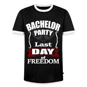 BACHELOR PARTY - LAST DAY OF FREEDOM - Handcuffs - Men's Ringer Shirt - black/white - Front - AI Model Female 172 light (172cm) & AI Model Male 178 light (178cm)
