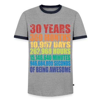 Lustiges Geschenk zum 30. Geburtstag, Alters-Countdown - Männer Kontrast-T-Shirt - Grau/Navy  - Vorne - AI Model Female 172 light (172cm) & AI Model Male 178 light (178cm)