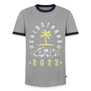 Golden Sands 2022 - Men's Ringer Shirt - grey/navy  - Front - AI Model Female 172 light (172cm) & AI Model Male 178 light (178cm)