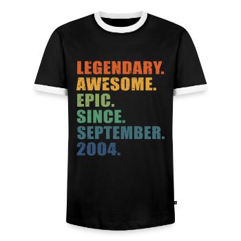 19. Geburtstag, September 2004, 19-jähriges Jubiläum - Männer Kontrast-T-Shirt - Schwarz/Weiß - Vorne - AI Model Female 172 light (172cm) & AI Model Male 178 light (178cm)