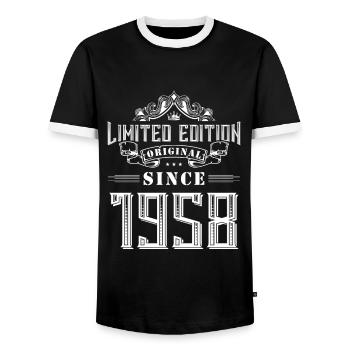 1958 limited edition - Men's Ringer Shirt - black/white - Front - AI Model Female 172 light (172cm) & AI Model Male 178 light (178cm)