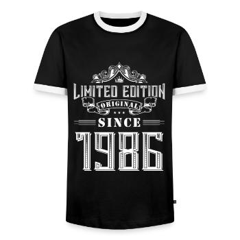 1986 limited edition - Men's Ringer Shirt - black/white - Front - AI Model Female 172 light (172cm) & AI Model Male 178 light (178cm)