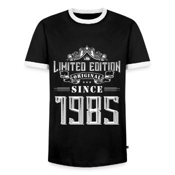 1985 limited edition - Männer Kontrast-T-Shirt - Schwarz/Weiß - Vorne - AI Model Female 172 light (172cm) & AI Model Male 178 light (178cm)