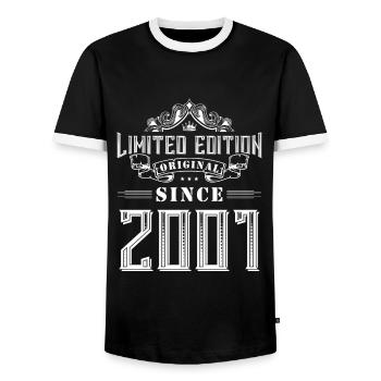 2001 limited edition - Men's Ringer Shirt - black/white - Front - AI Model Female 172 light (172cm) & AI Model Male 178 light (178cm)