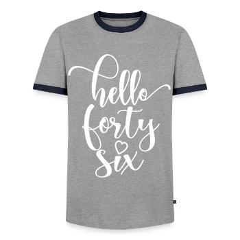 Hello Forty Six Cute 46 Years Old Birthday - Men's Ringer Shirt - grey/navy  - Front - AI Model Female 172 light (172cm) & AI Model Male 178 light (178cm)
