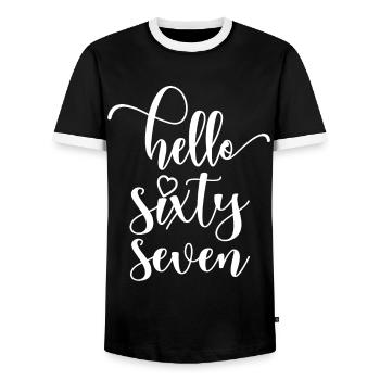 Hello Sixty Seven Cute 67 Years Old Birthday - Men's Ringer Shirt - black/white - Front - AI Model Female 172 light (172cm) & AI Model Male 178 light (178cm)