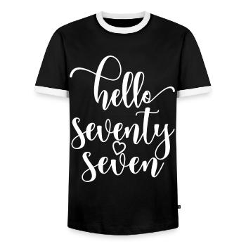 Hello Seventy Seven Cute 77 Years Old Birthday - Men's Ringer Shirt - black/white - Front - AI Model Female 172 light (172cm) & AI Model Male 178 light (178cm)