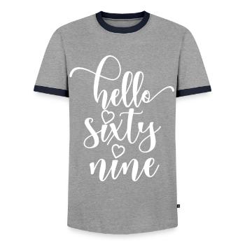 Bonjour Soixante Neuf Mignon 69 ans Anniversaire - T-shirt contrasté Homme - gris/marine  - Devant - AI Model Female 172 light (172cm) & AI Model Male 178 light (178cm)